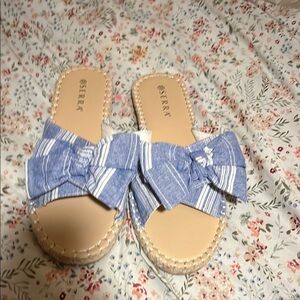 Serra Blue and Tan Espadrille Shoes with Decorative Bows